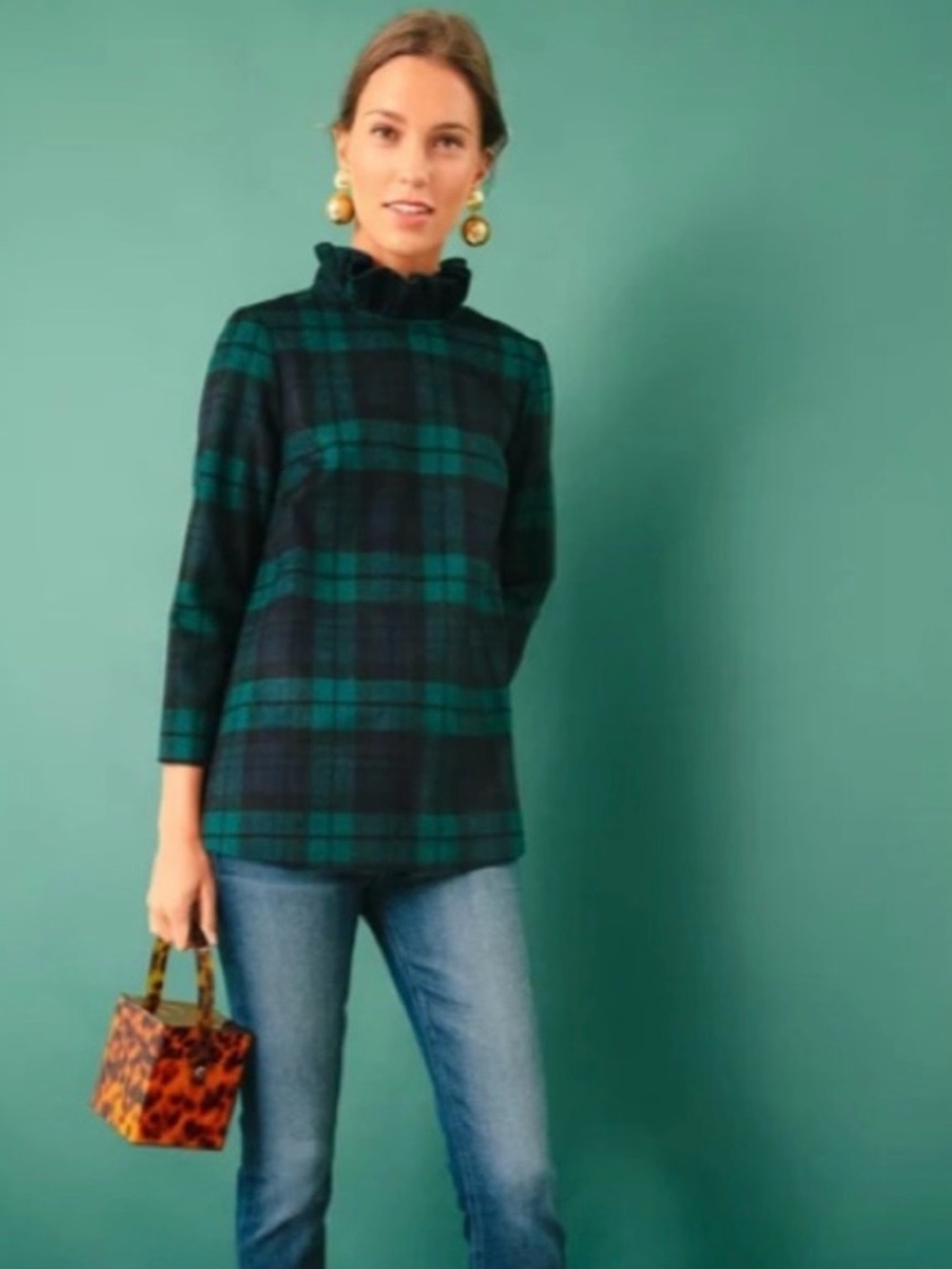 Tuckernuck Daphne Ruffle Tie-Back Wool Blend Top Blackwatch Plaid Small Preppy - Picture 12 of 14